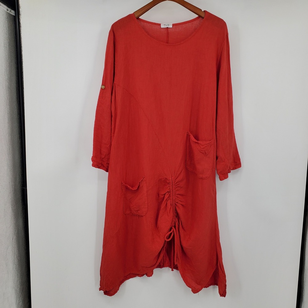 Envy Italy Red Linen Lagenlook Tunic Dress Ruched Drawstring Asymmetrical Hem